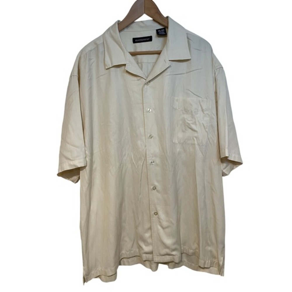 Mens XXL Hathaway Silk‎ Cotton Relaxed Button Up Short Sleeve Shirt Cream Beige